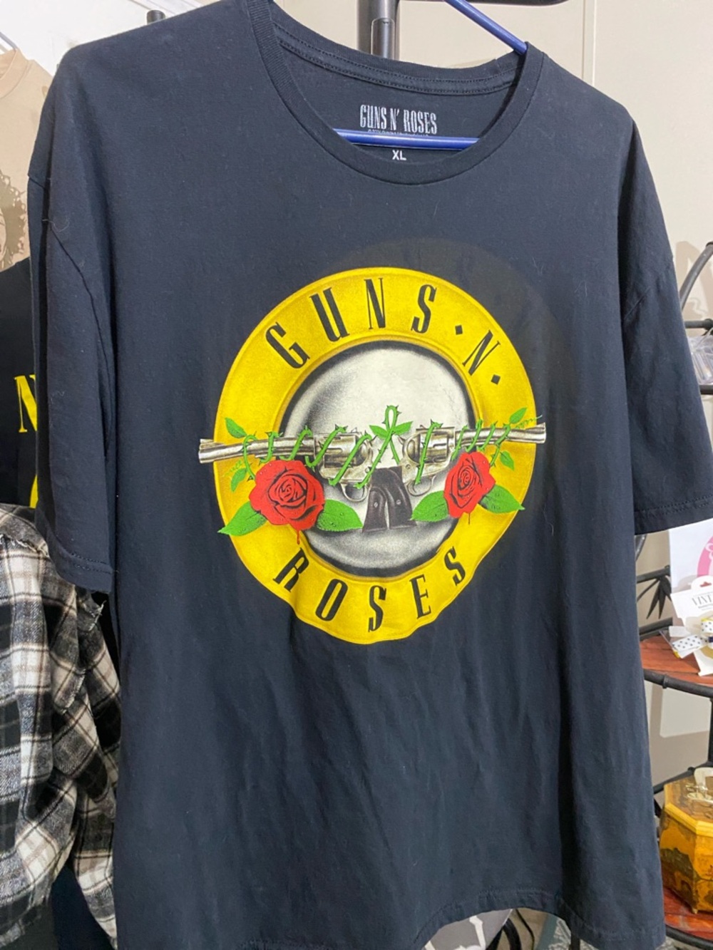 Guns N' Roses Black Graphic Band Tee with Yellow Logo and Red Roses Unisex